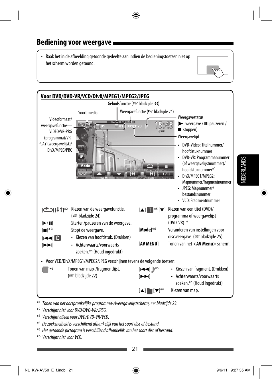 Bediening voor weergave, Nederlands 21, Voor dvd/dvd-vr/vcd/divx/mpeg1/mpeg2/jpeg | JVC KW-AV50 User Manual | Page 195 / 235