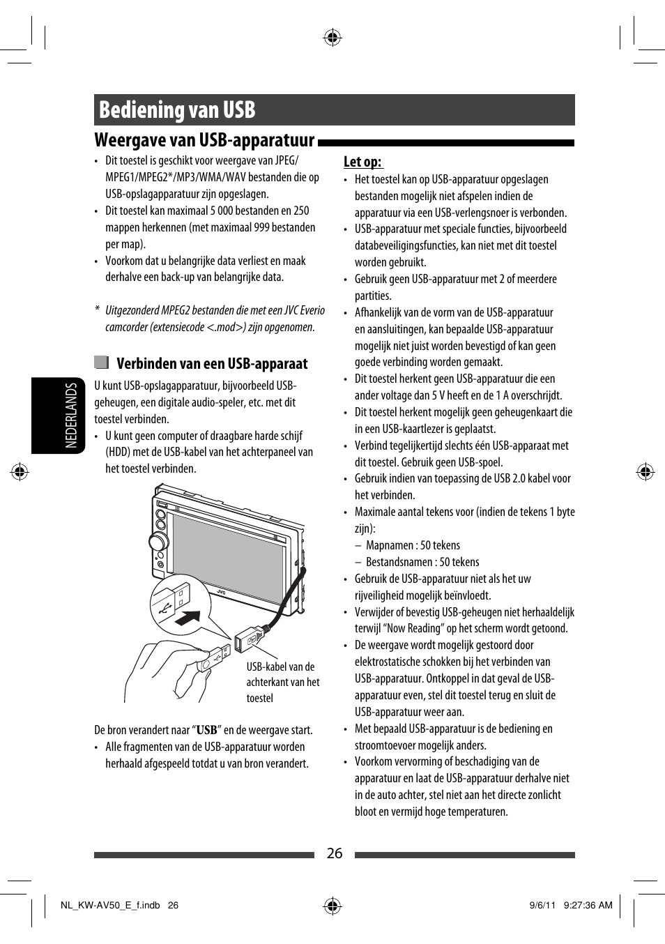 Bediening van usb, Weergave van usb-apparatuur, Verbinden van een usb-apparaat | JVC KW-AV50 User Manual | Page 200 / 235