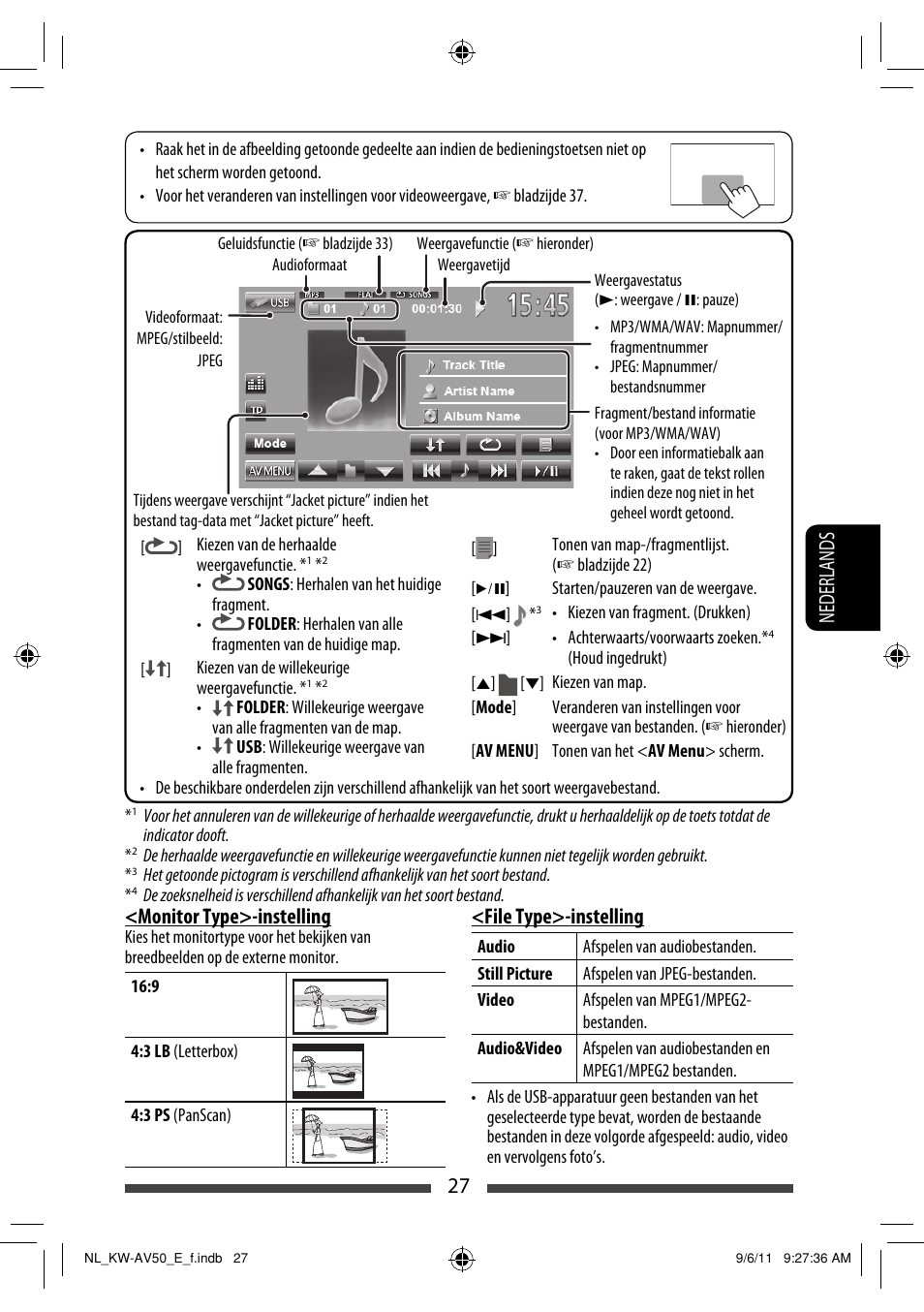 27 nederlands, Monitor type>-instelling, File type>-instelling | JVC KW-AV50 User Manual | Page 201 / 235