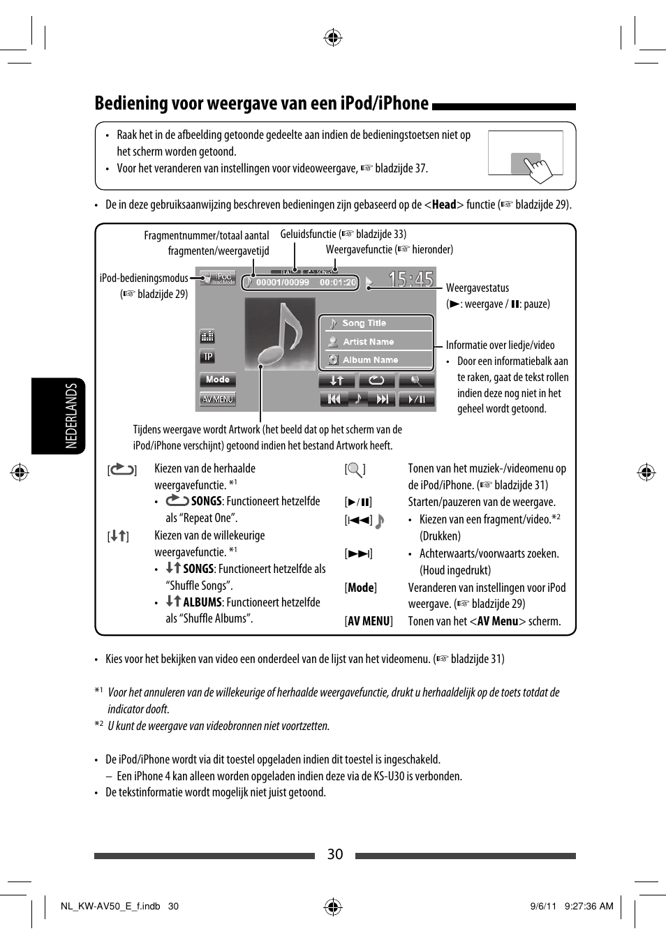 Bediening voor weergave van een ipod/iphone, 30 nederlands | JVC KW-AV50 User Manual | Page 204 / 235