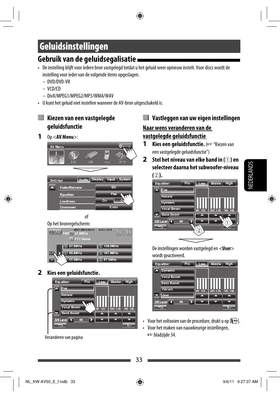 Geluidsinstellingen, Gebruik van de geluidsegalisatie | JVC KW-AV50 User Manual | Page 207 / 235