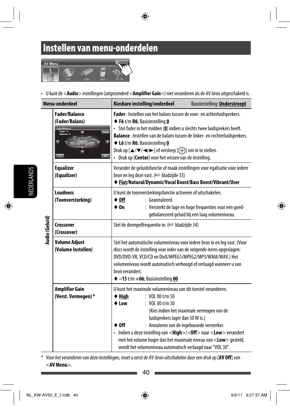 Instellen van menu-onderdelen | JVC KW-AV50 User Manual | Page 214 / 235