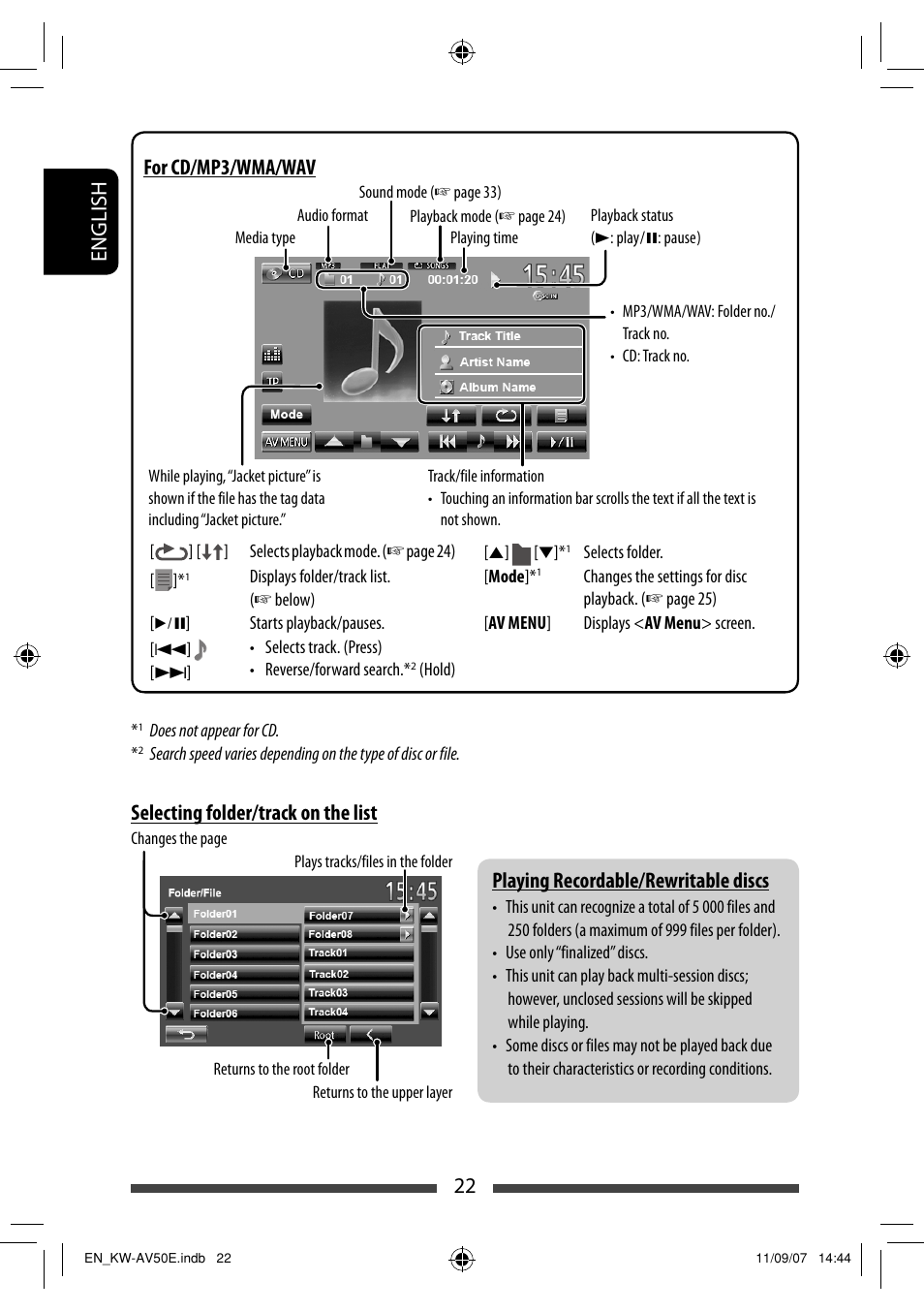 22 english playing recordable/rewritable discs, Selecting folder/track on the list, For cd/mp3/wma/wav | JVC KW-AV50 User Manual | Page 22 / 235