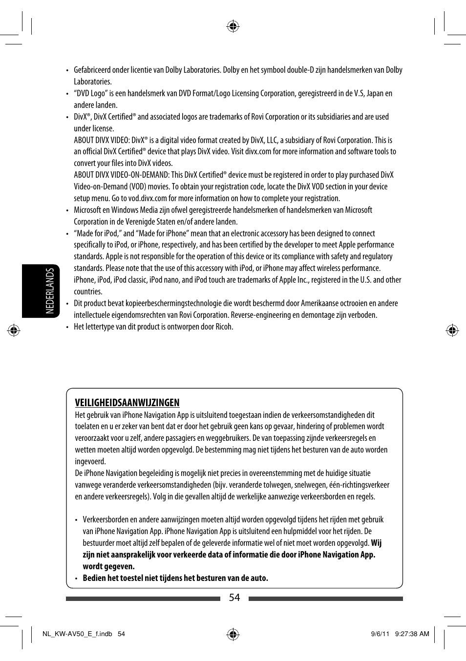 54 nederlands, Veiligheidsaanwijzingen | JVC KW-AV50 User Manual | Page 228 / 235