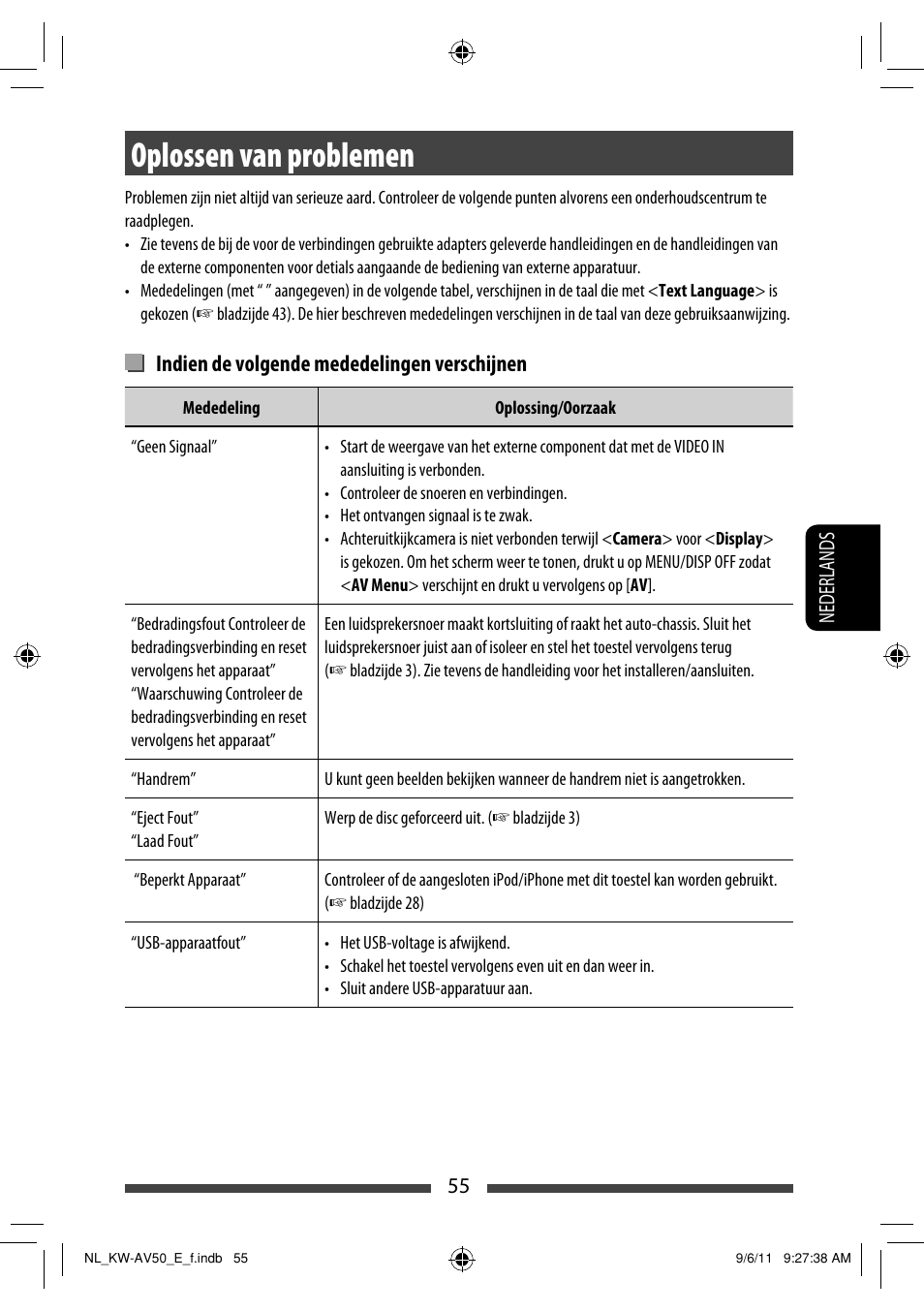 Oplossen van problemen, Indien de volgende mededelingen verschijnen | JVC KW-AV50 User Manual | Page 229 / 235