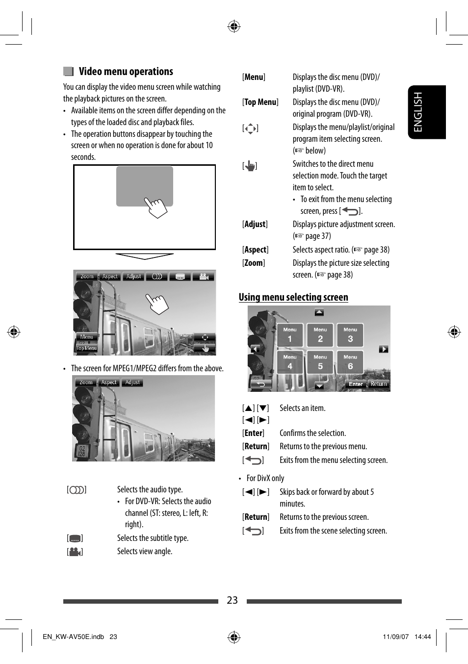 Video menu operations | JVC KW-AV50 User Manual | Page 23 / 235
