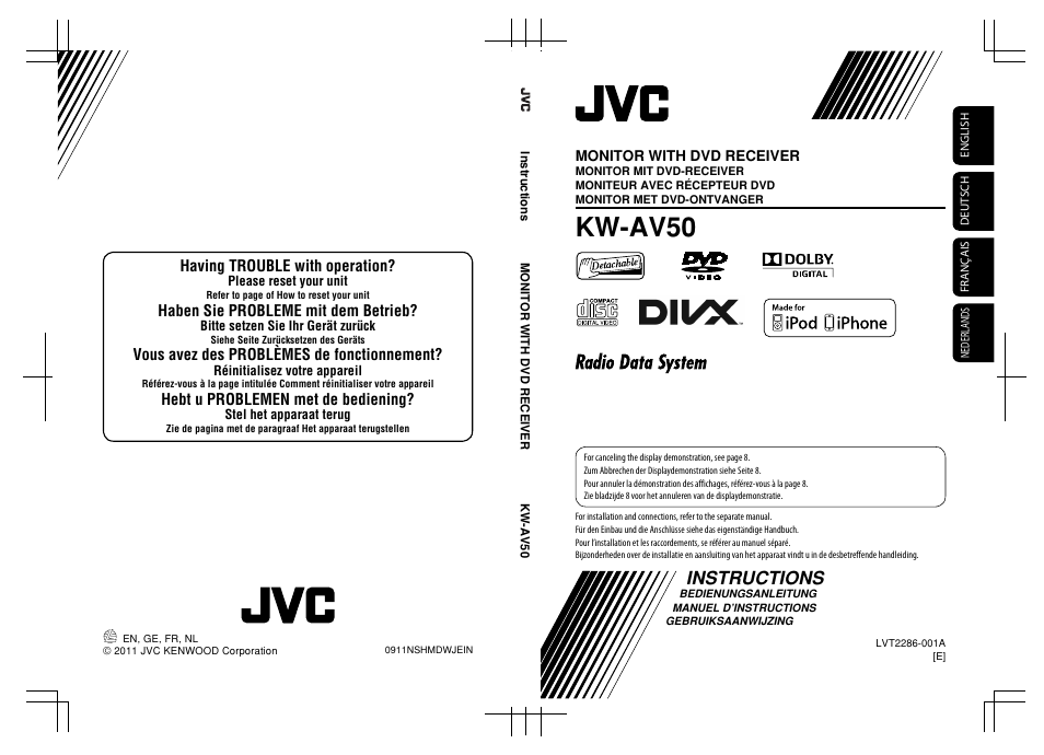 Kw-av50, Instructions, Having trouble with operation | Haben sie probleme mit dem betrieb, Vous avez des problèmes de fonctionnement, Hebt u problemen met de bediening, Monitor with dvd receiver | JVC KW-AV50 User Manual | Page 235 / 235