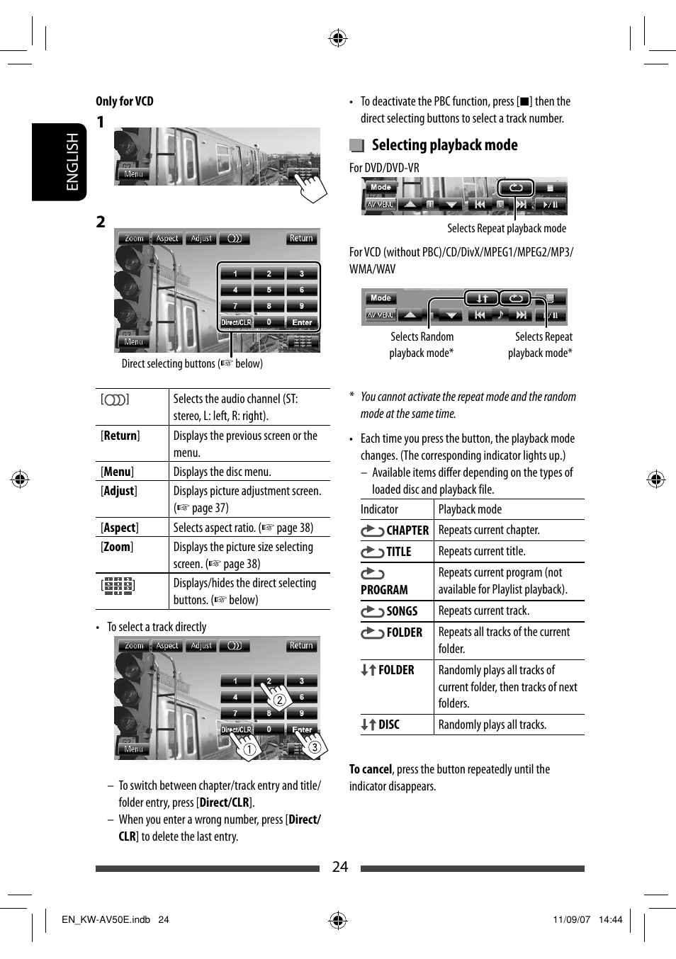 Selecting playback mode | JVC KW-AV50 User Manual | Page 24 / 235