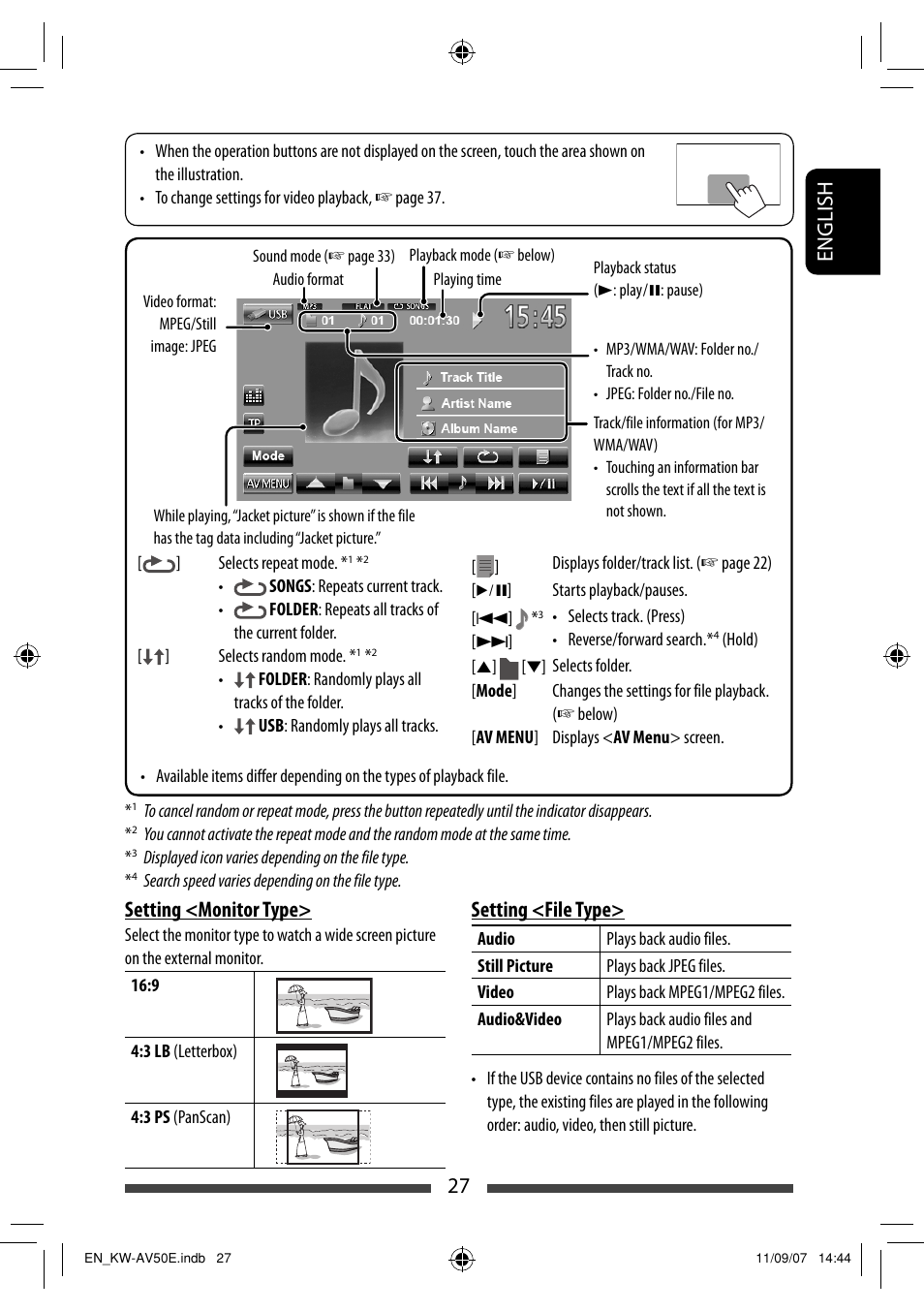 27 english, Setting <file type, Setting <monitor type | JVC KW-AV50 User Manual | Page 27 / 235