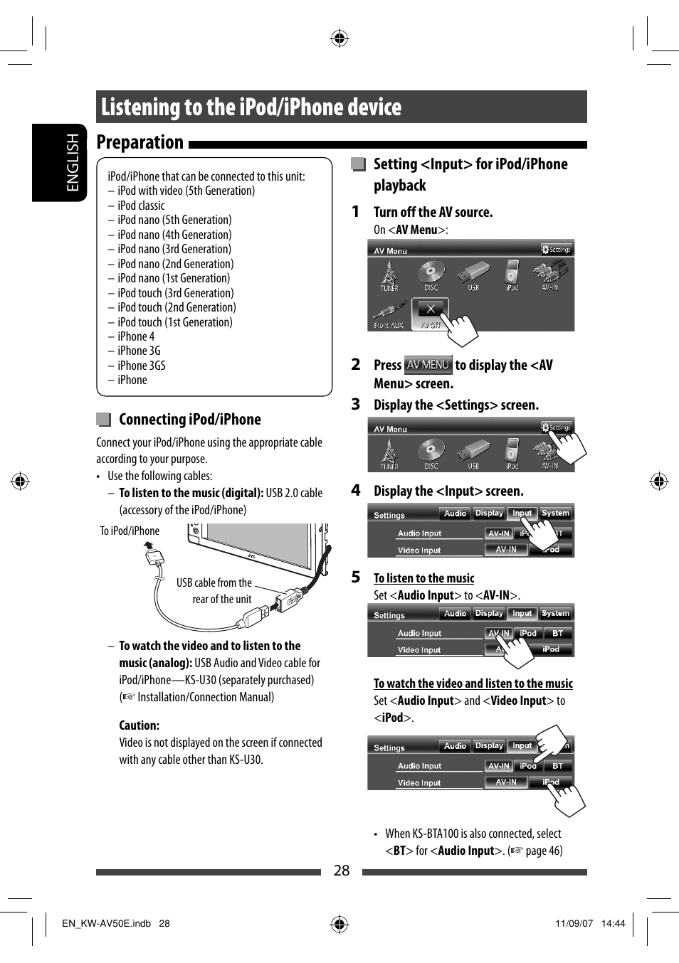 Listening to the ipod/iphone device, Preparation | JVC KW-AV50 User Manual | Page 28 / 235