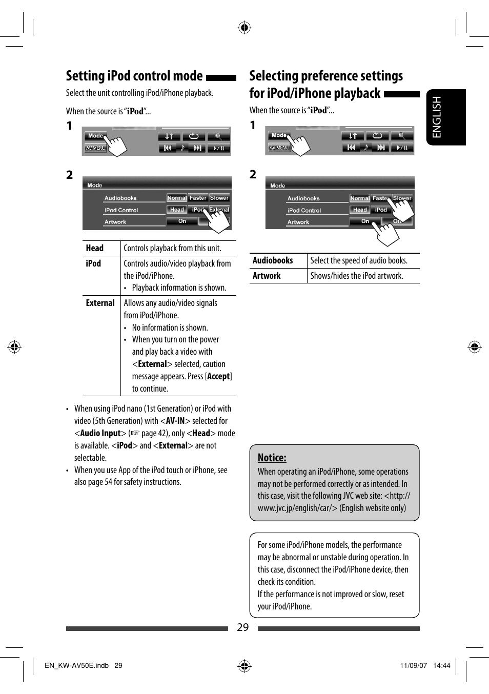 Setting ipod control mode | JVC KW-AV50 User Manual | Page 29 / 235