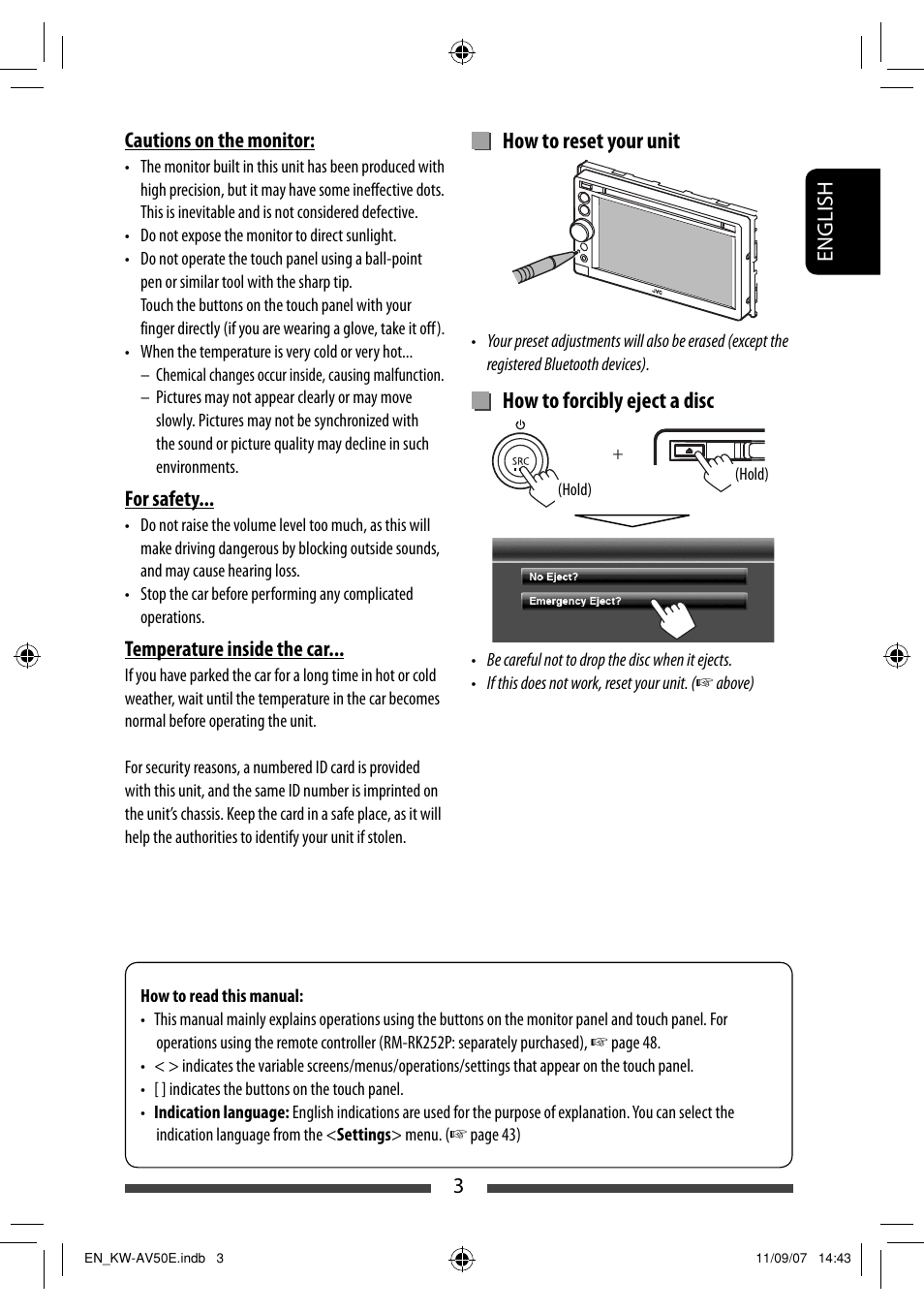 How to reset your unit, How to forcibly eject a disc | JVC KW-AV50 User Manual | Page 3 / 235