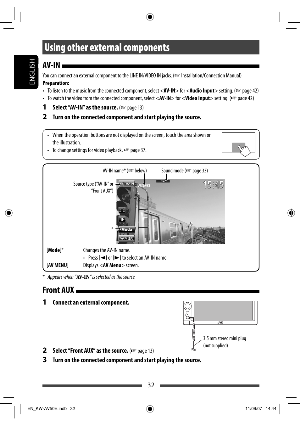 Using other external components, Av-in, Front aux | JVC KW-AV50 User Manual | Page 32 / 235