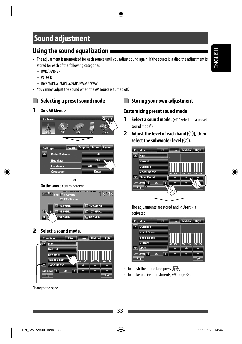 Sound adjustment, Using the sound equalization | JVC KW-AV50 User Manual | Page 33 / 235