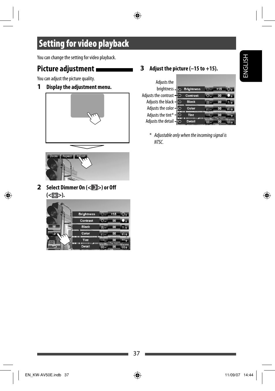 Setting for video playback, Picture adjustment | JVC KW-AV50 User Manual | Page 37 / 235