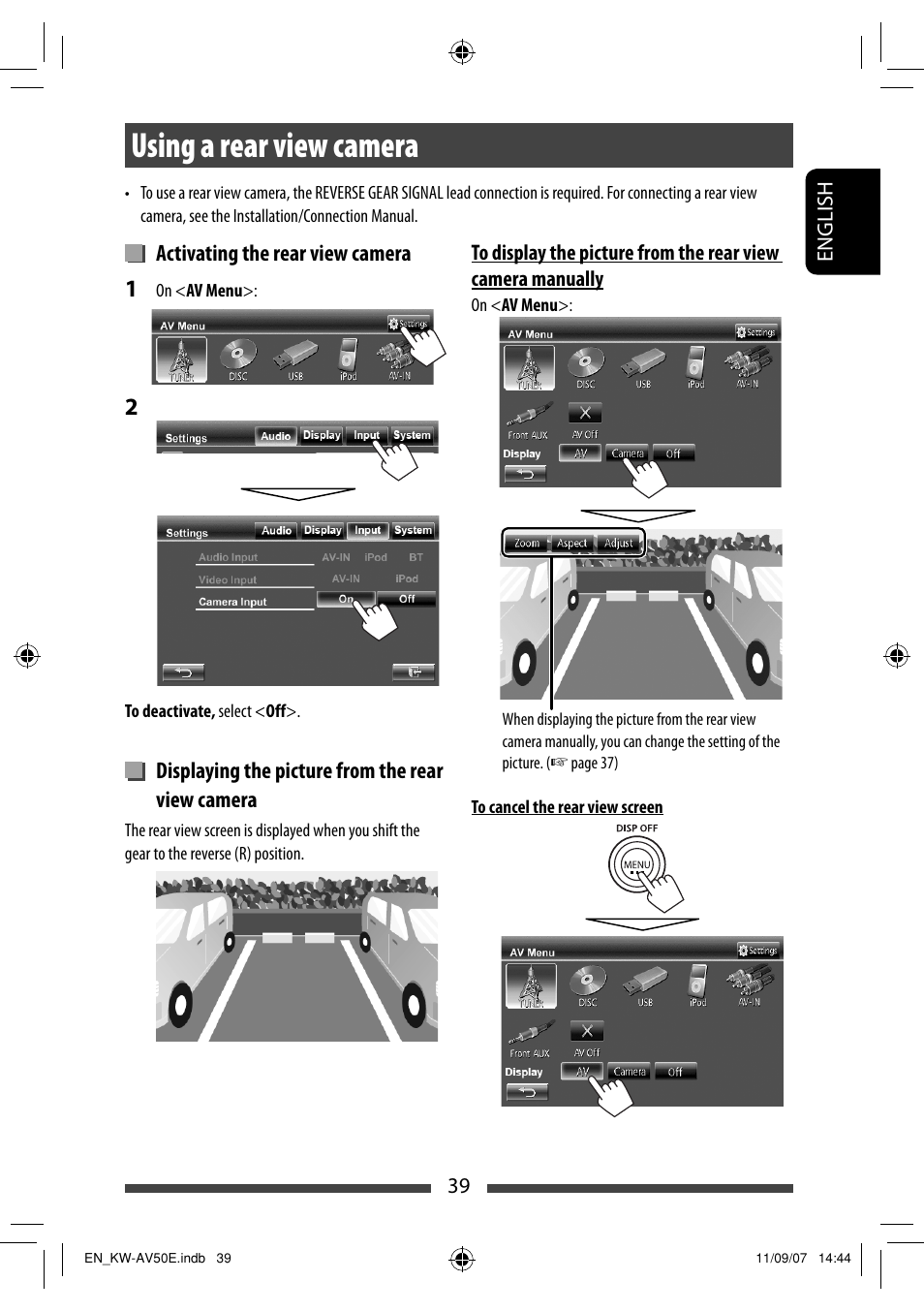 Using a rear view camera, Activating the rear view camera, Displaying the picture from the rear view camera | JVC KW-AV50 User Manual | Page 39 / 235