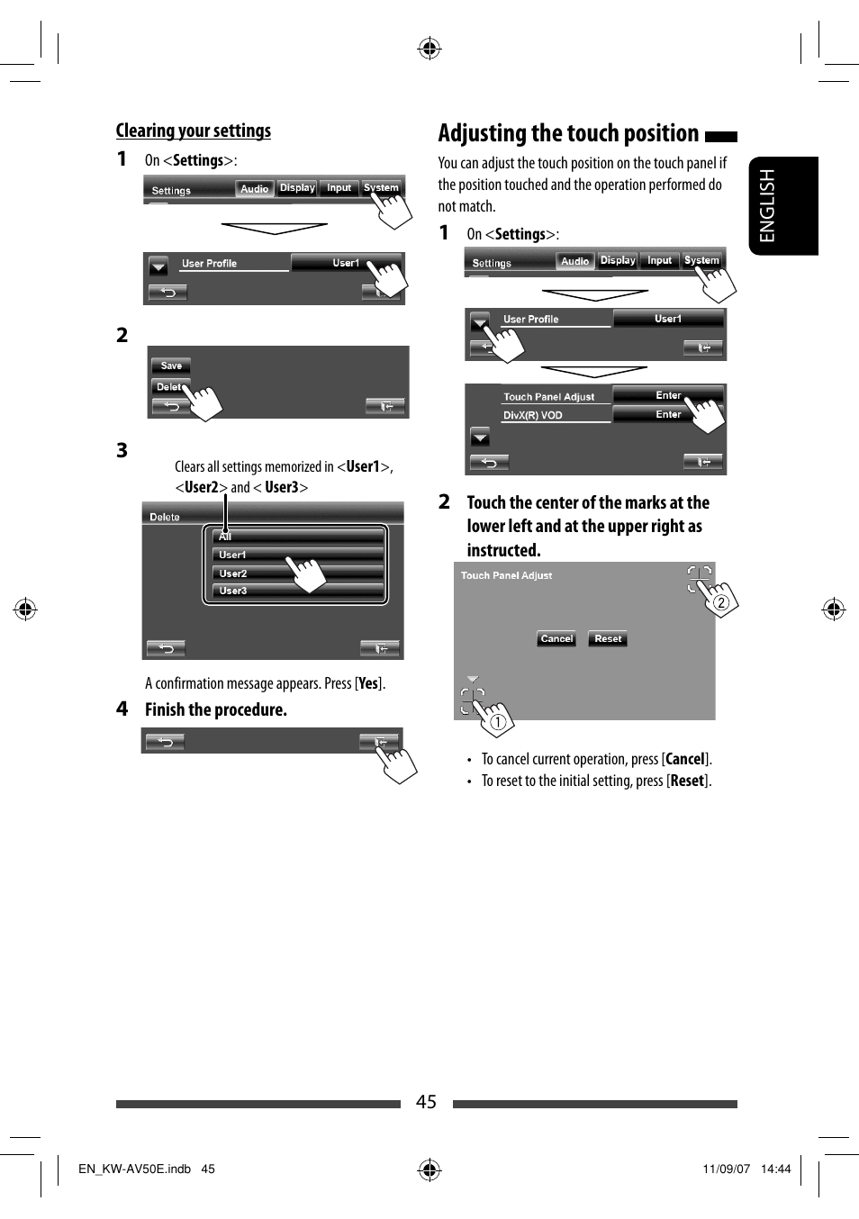 Adjusting the touch position | JVC KW-AV50 User Manual | Page 45 / 235