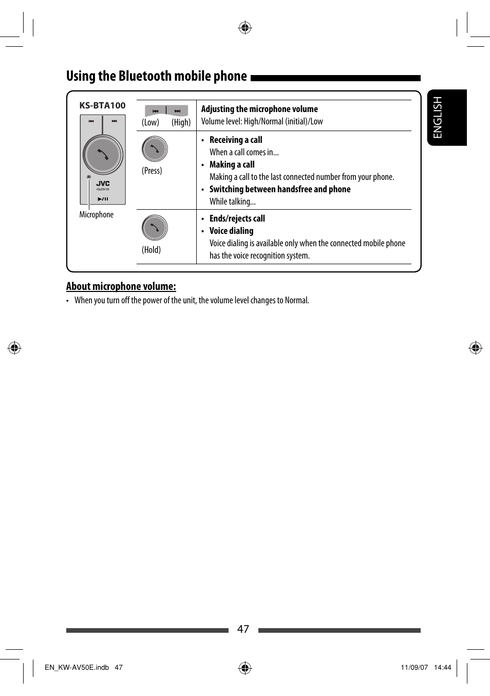 Using the bluetooth mobile phone | JVC KW-AV50 User Manual | Page 47 / 235