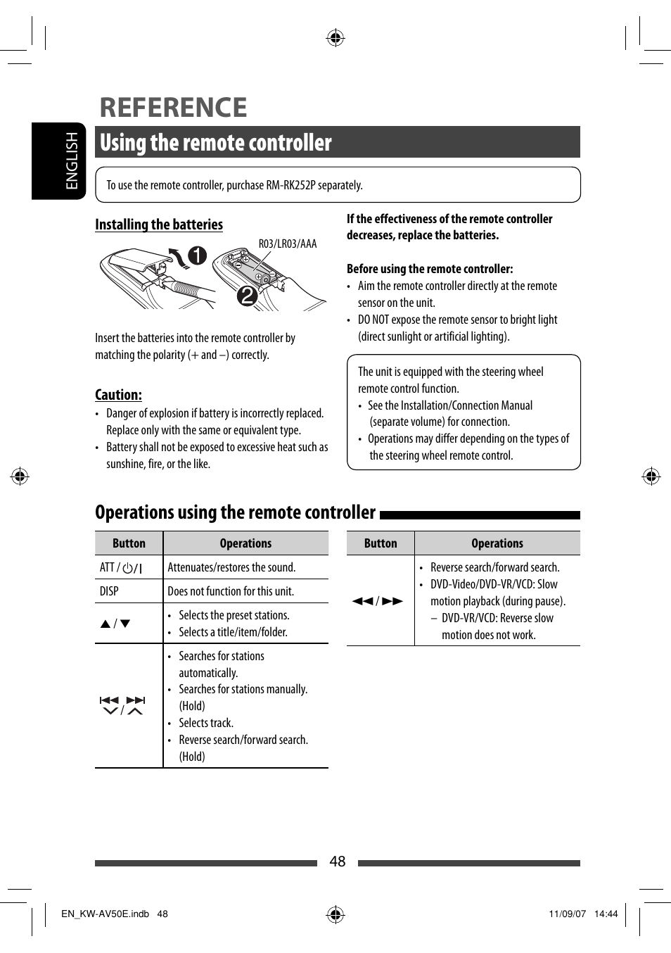 Reference, Using the remote controller, Operations using the remote controller | JVC KW-AV50 User Manual | Page 48 / 235
