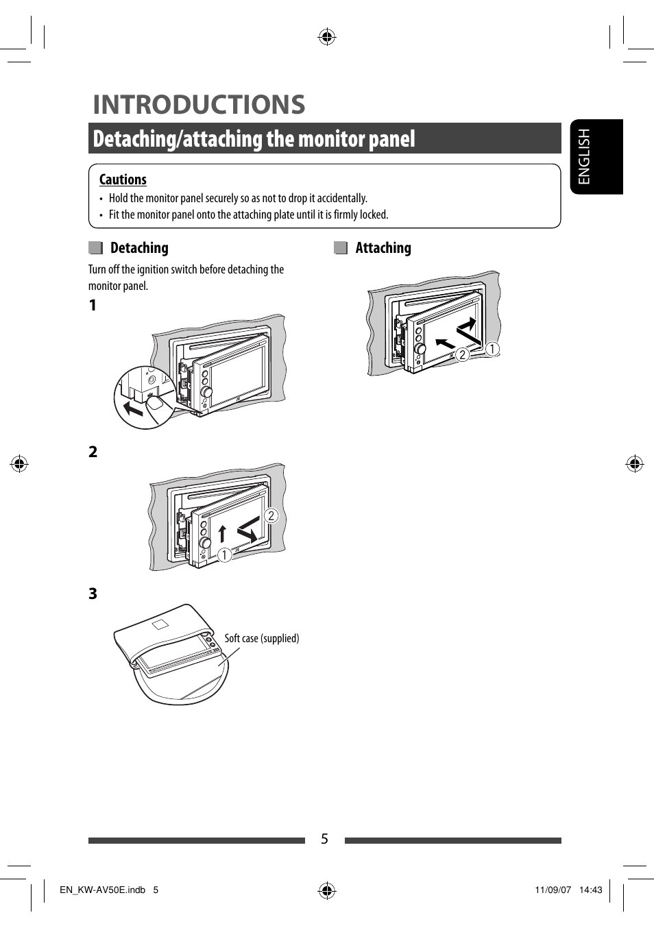 Introductions, Detaching/attaching the monitor panel | JVC KW-AV50 User Manual | Page 5 / 235