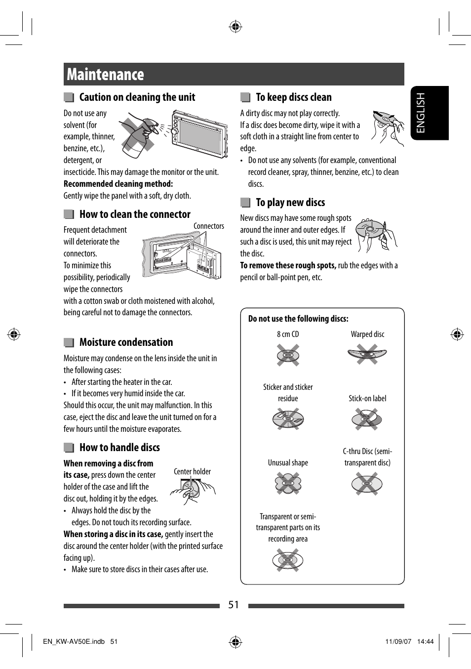 Maintenance, Caution on cleaning the unit, How to clean the connector | Moisture condensation, How to handle discs | JVC KW-AV50 User Manual | Page 51 / 235