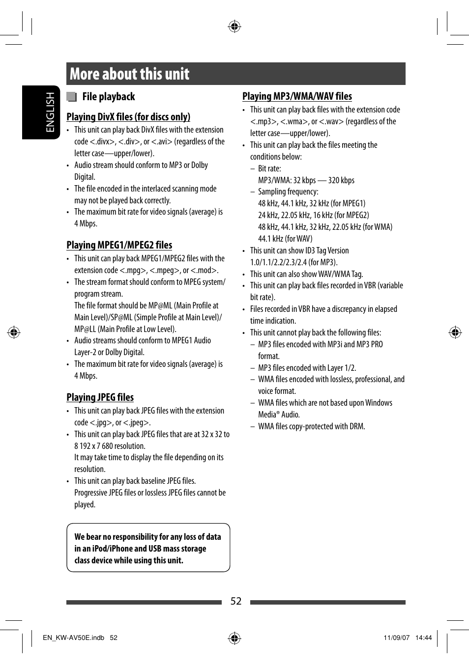 More about this unit, File playback | JVC KW-AV50 User Manual | Page 52 / 235