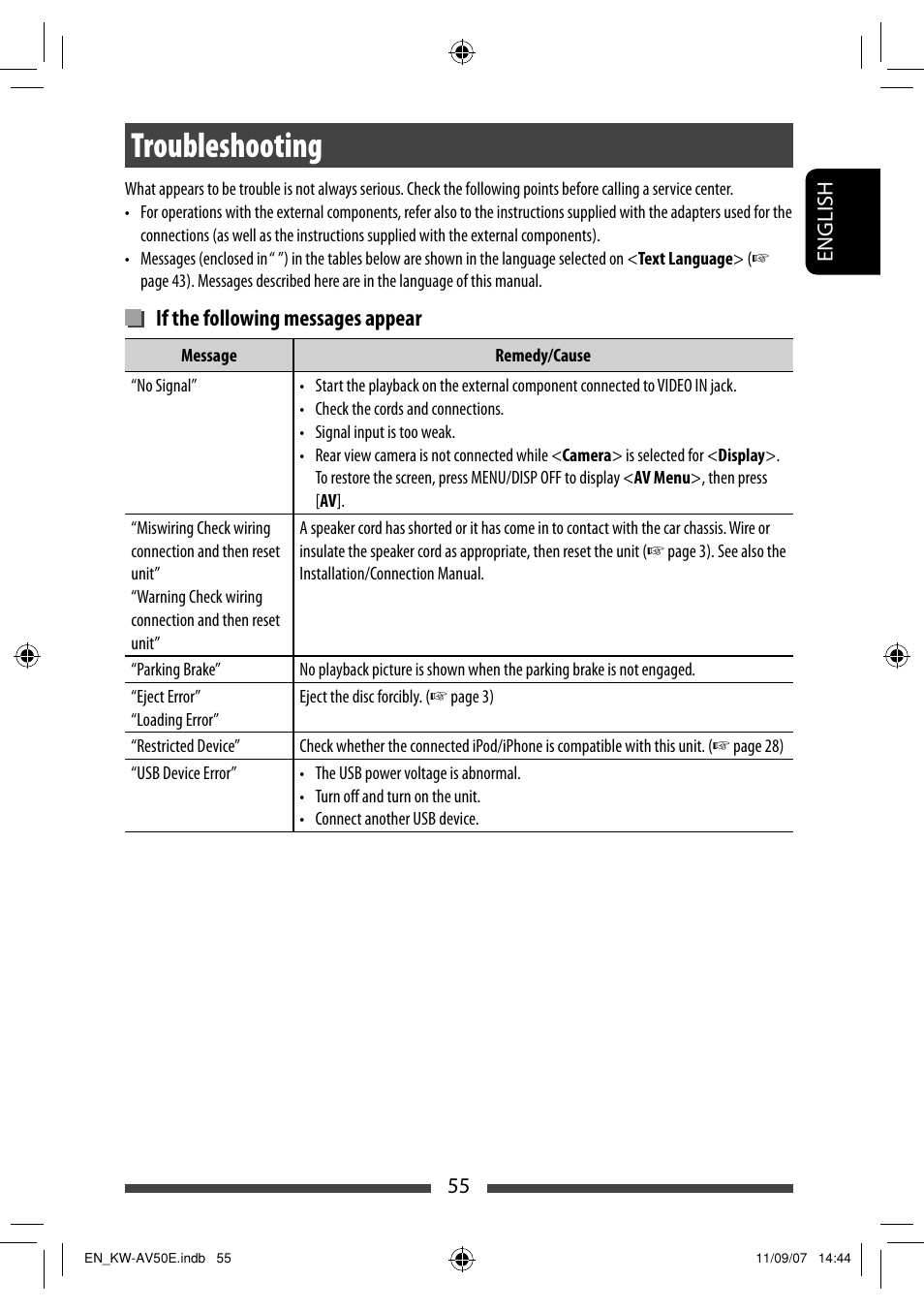 Troubleshooting, If the following messages appear | JVC KW-AV50 User Manual | Page 55 / 235