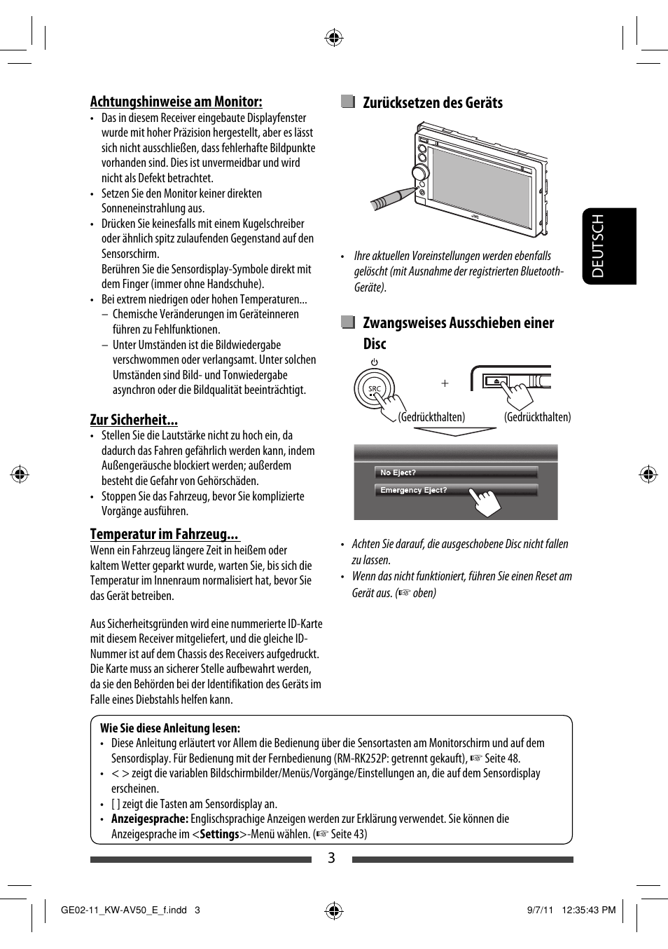 Zurücksetzen des geräts, Zwangsweises ausschieben einer disc | JVC KW-AV50 User Manual | Page 61 / 235