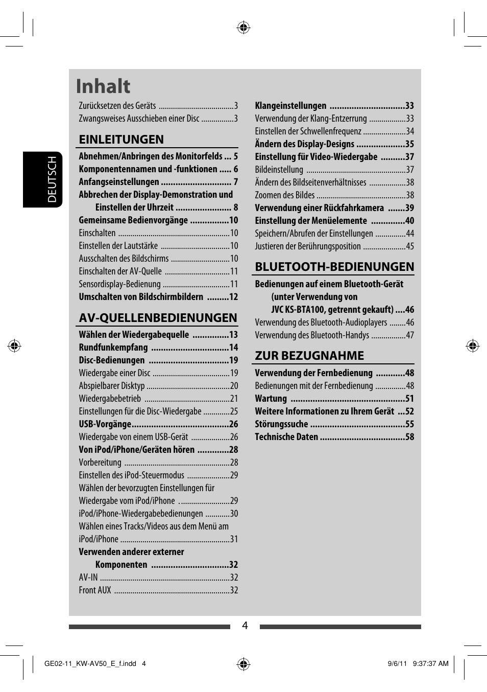 Inhalt, Einleitungen, Av-quellenbedienungen | Bluetooth-bedienungen, Zur bezugnahme | JVC KW-AV50 User Manual | Page 62 / 235