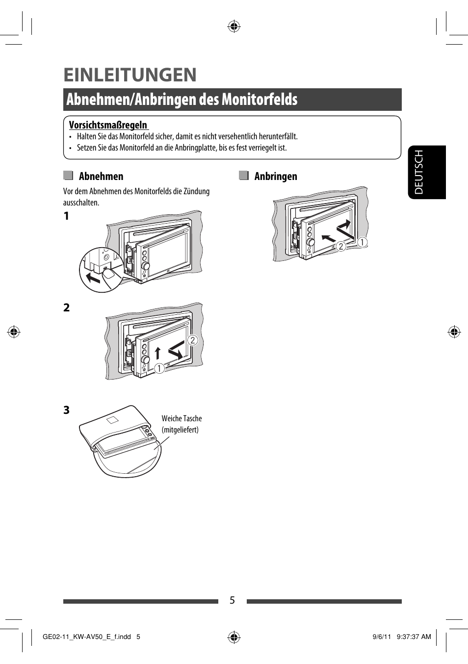 Einleitungen, Abnehmen/anbringen des monitorfelds | JVC KW-AV50 User Manual | Page 63 / 235