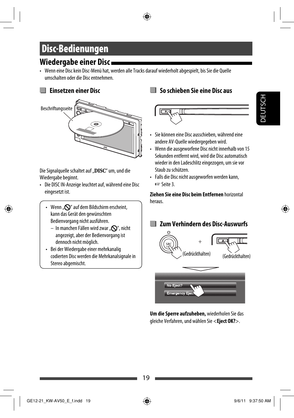 Disc-bedienungen, Wiedergabe einer disc | JVC KW-AV50 User Manual | Page 77 / 235