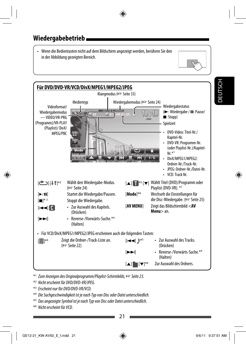 Wiedergabebetrieb, 21 deutsch, Für dvd/dvd-vr/vcd/divx/mpeg1/mpeg2/jpeg | JVC KW-AV50 User Manual | Page 79 / 235