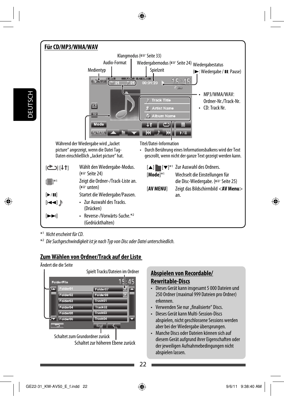 22 deutsch, Für cd/mp3/wma/wav, Zum wählen von ordner/track auf der liste | Abspielen von recordable/ rewritable-discs | JVC KW-AV50 User Manual | Page 80 / 235