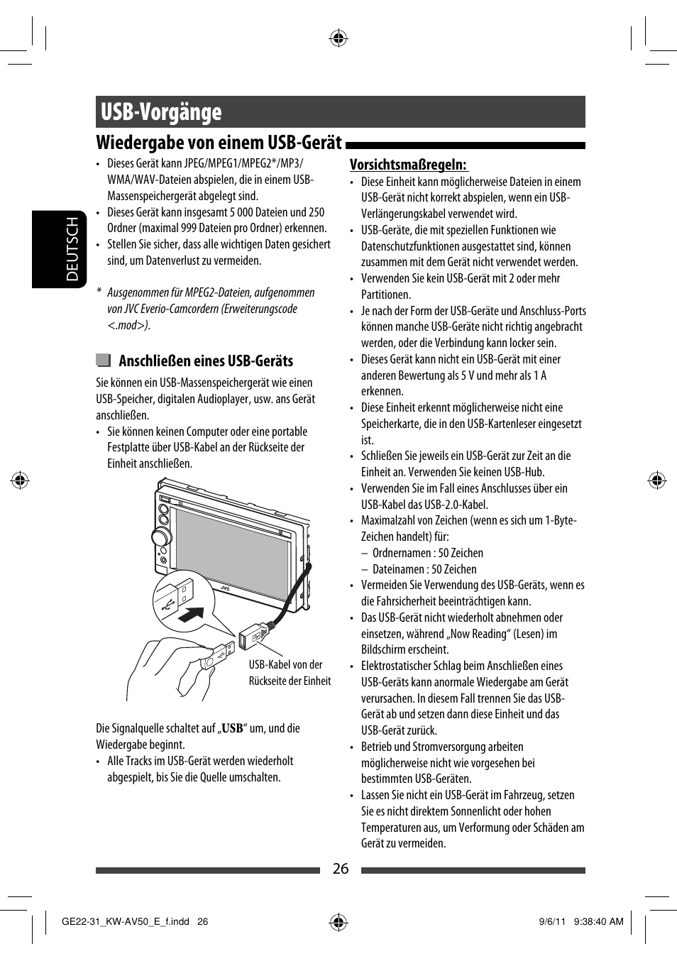 Usb-vorgänge, Wiedergabe von einem usb-gerät, Anschließen eines usb-geräts | JVC KW-AV50 User Manual | Page 84 / 235