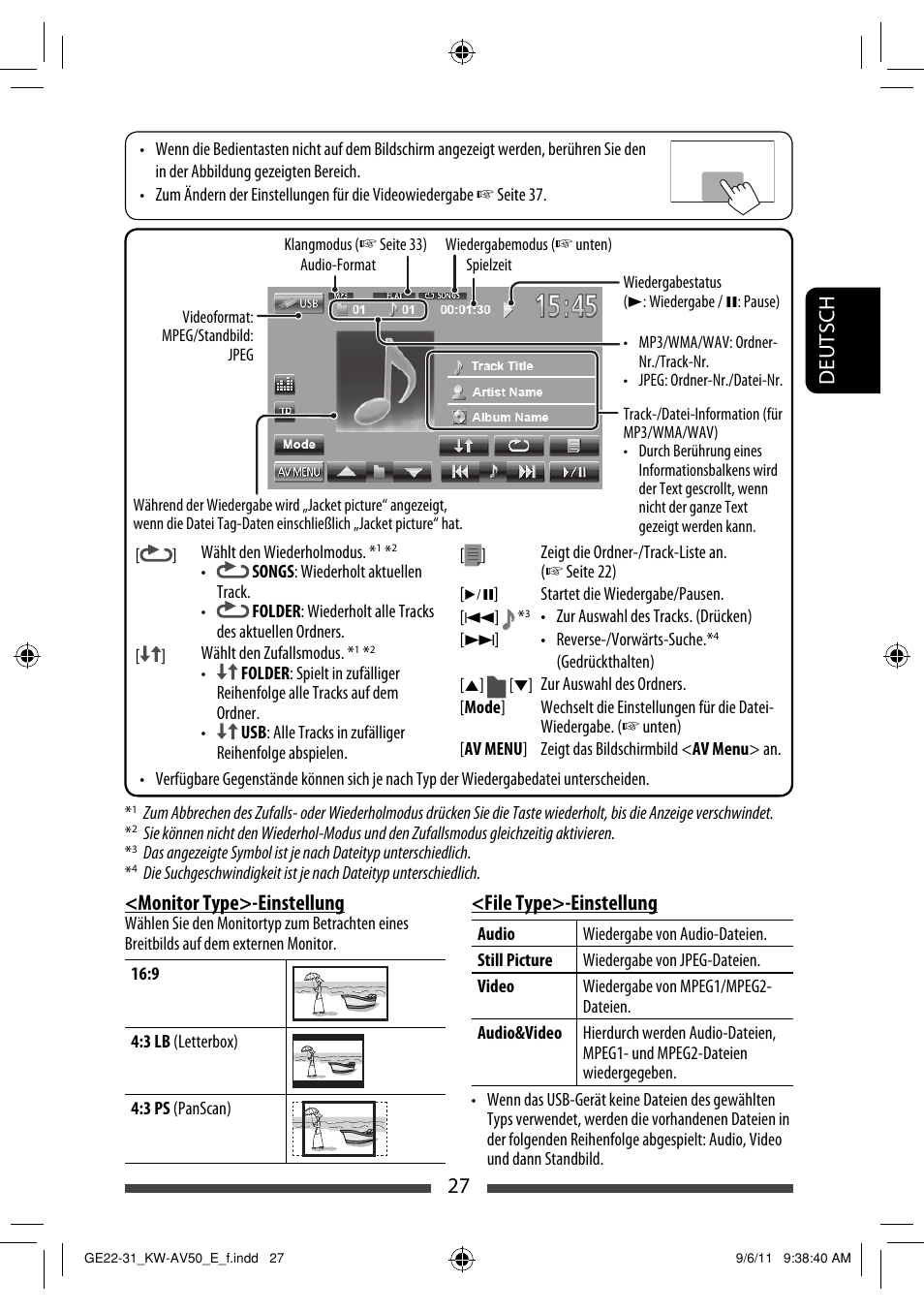 27 deutsch, Monitor type>-einstellung, File type>-einstellung | JVC KW-AV50 User Manual | Page 85 / 235