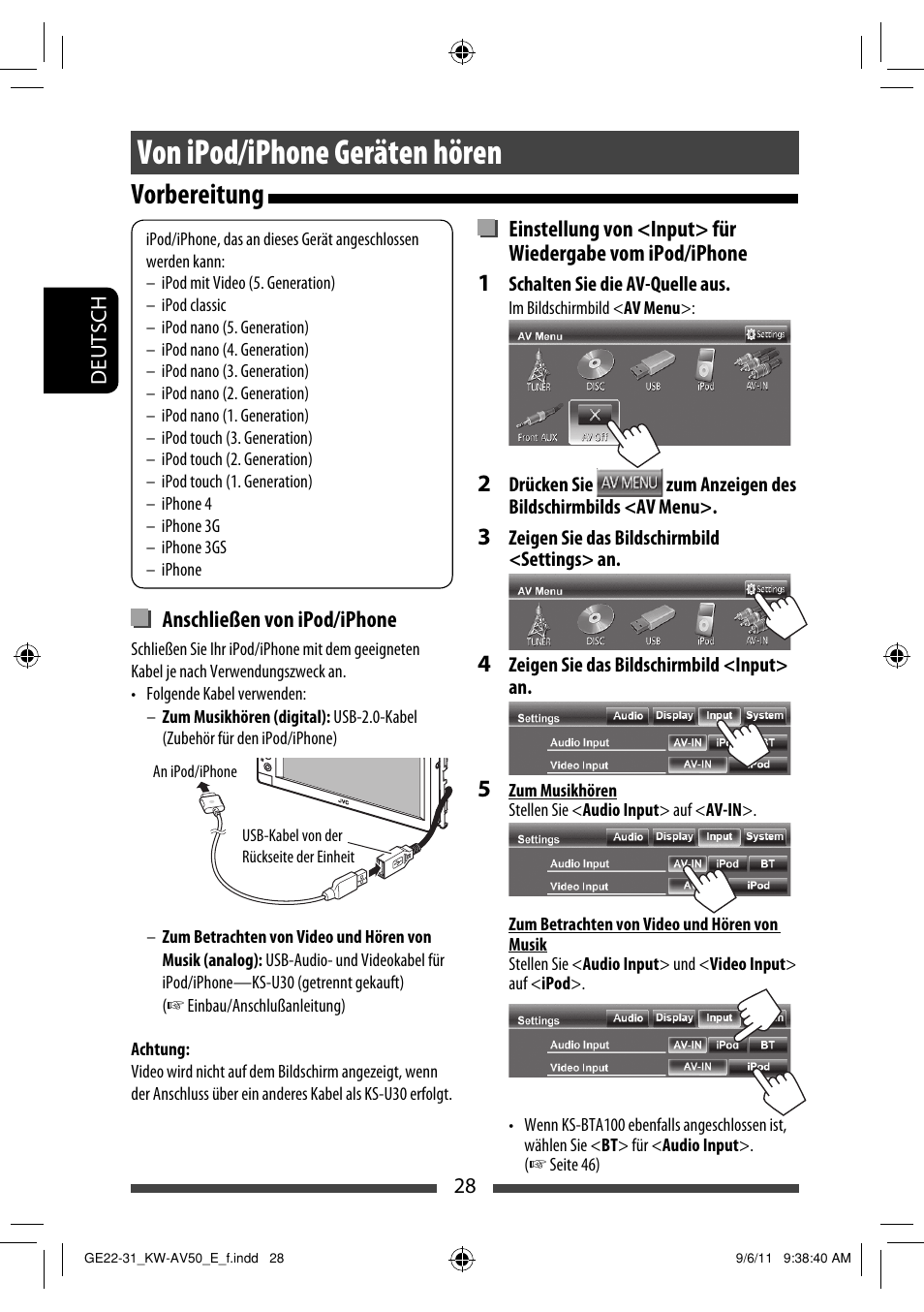 Von ipod/iphone geräten hören, Vorbereitung | JVC KW-AV50 User Manual | Page 86 / 235