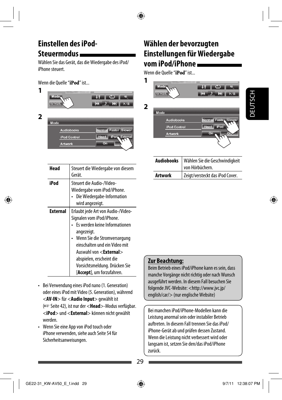 Einstellen des ipod- steuermodus | JVC KW-AV50 User Manual | Page 87 / 235