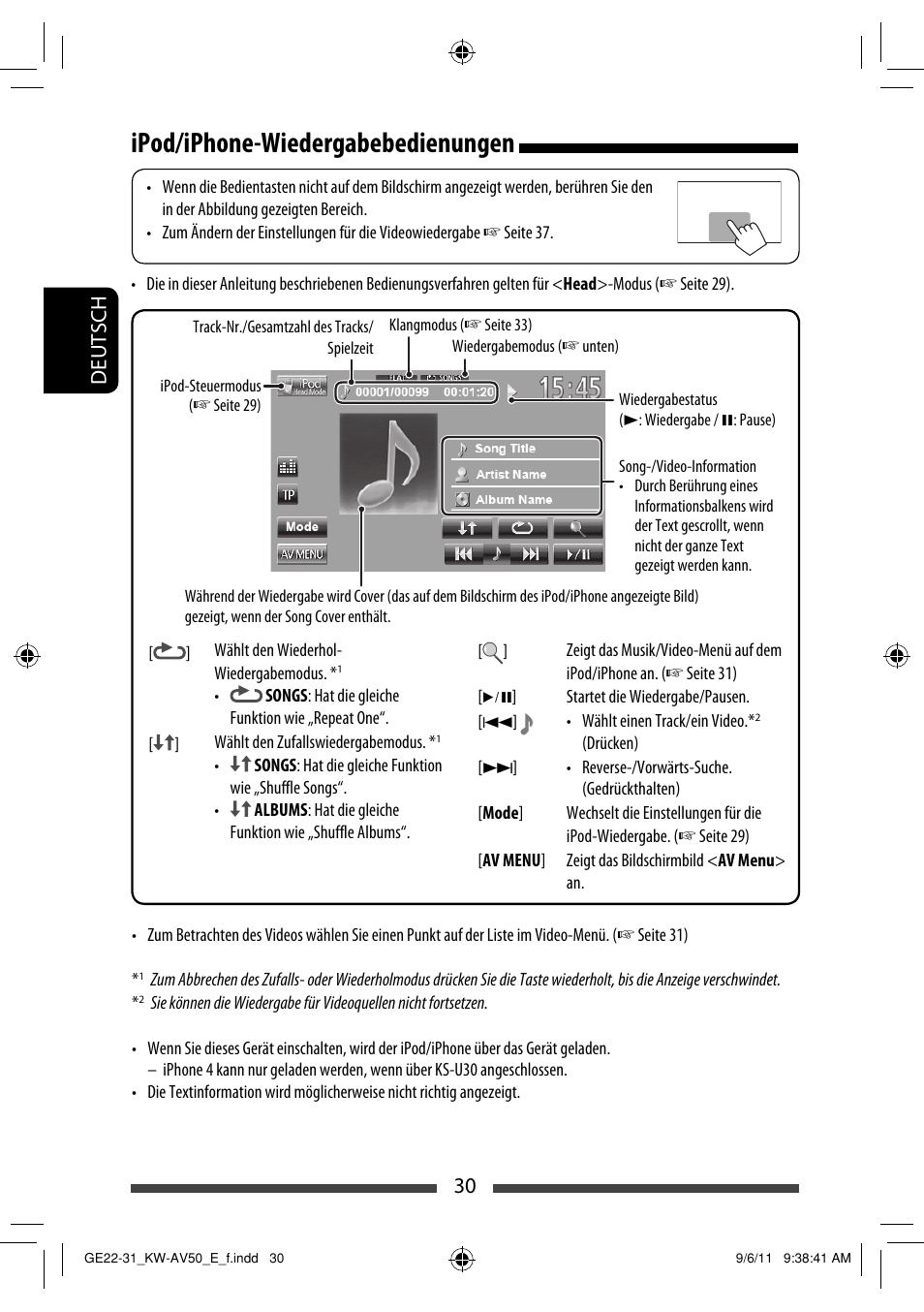 Ipod/iphone-wiedergabebedienungen, 30 deutsch | JVC KW-AV50 User Manual | Page 88 / 235