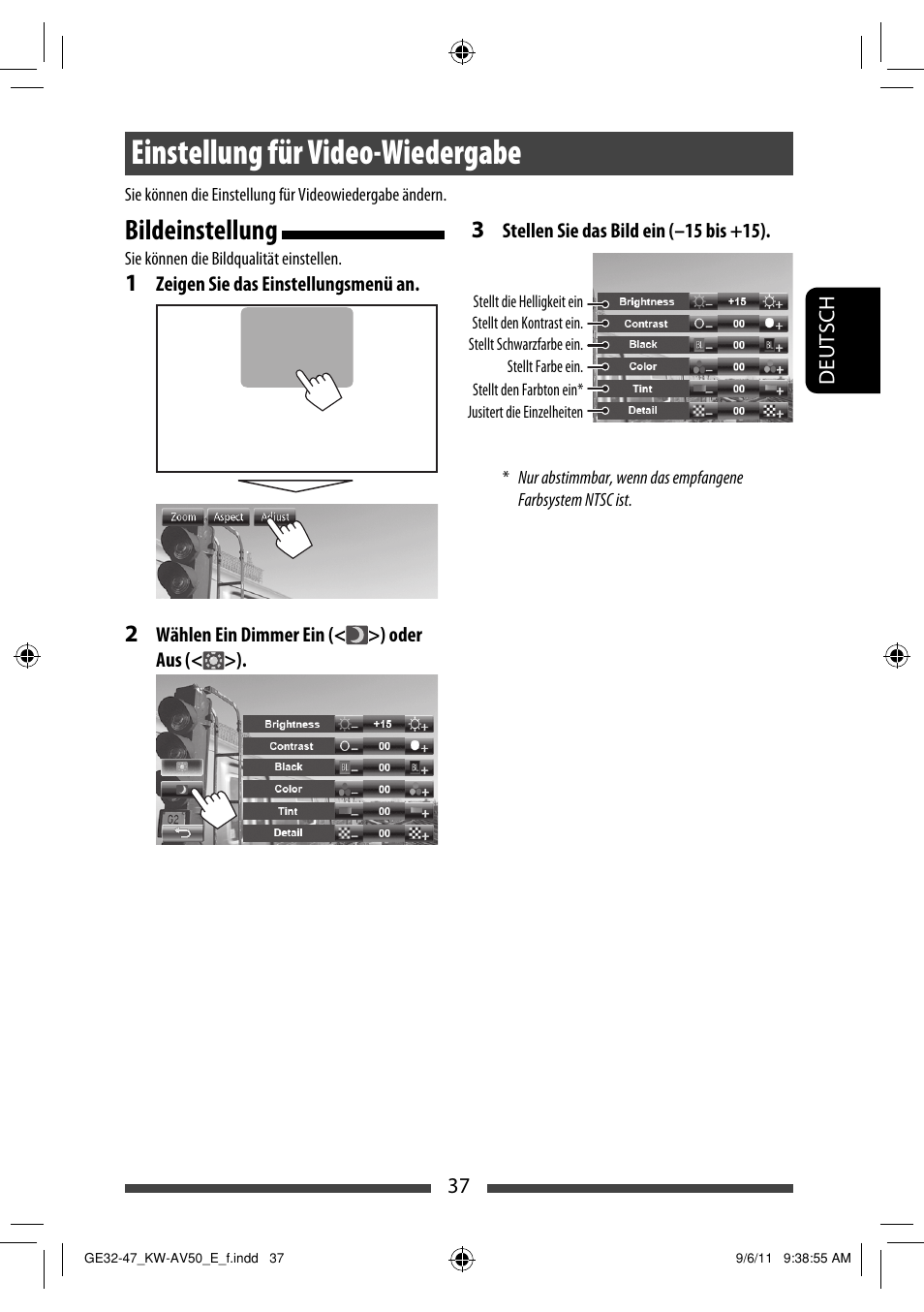 Einstellung für video-wiedergabe, Bildeinstellung | JVC KW-AV50 User Manual | Page 95 / 235