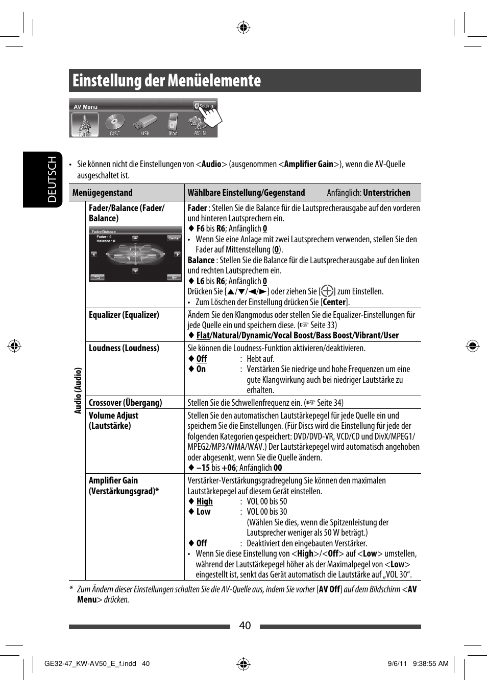 Einstellung der menüelemente | JVC KW-AV50 User Manual | Page 98 / 235