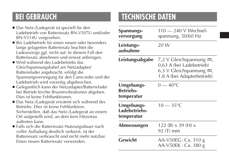 Bei gebrauch technische daten | JVC AA-V50 User Manual | Page 13 / 86
