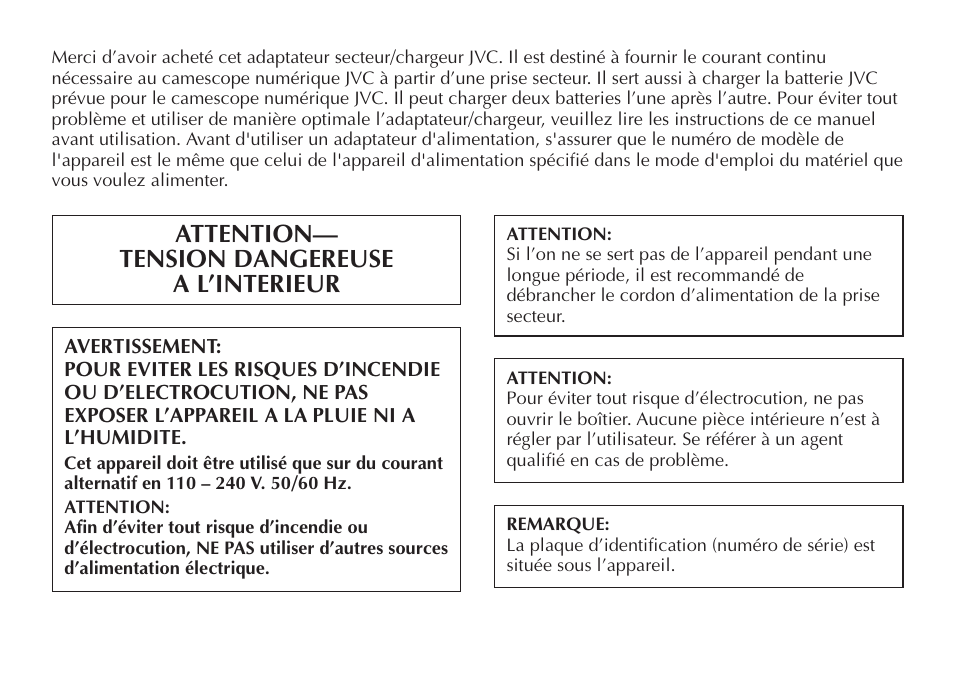 Attention— tension dangereuse a l’interieur | JVC AA-V50 User Manual | Page 14 / 86