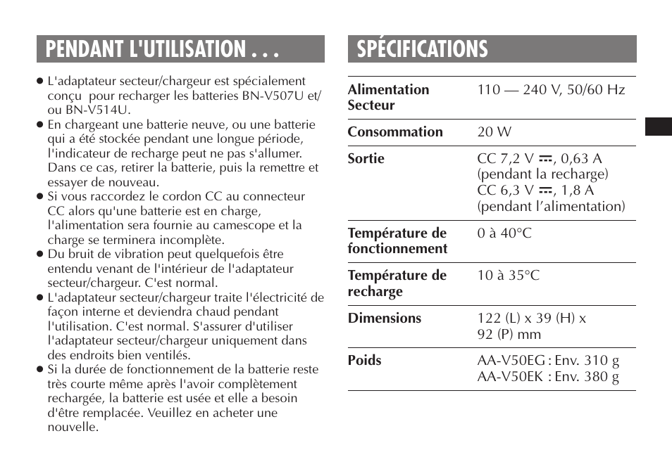 Pendant l'utilisation . . . spécifications | JVC AA-V50 User Manual | Page 19 / 86