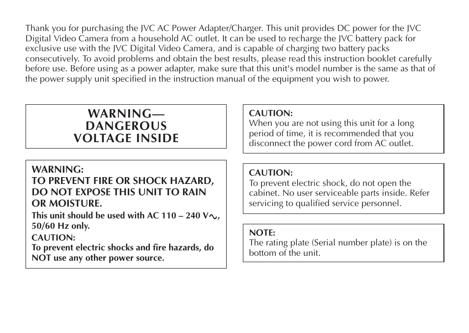 Warning— dangerous voltage inside | JVC AA-V50 User Manual | Page 2 / 86