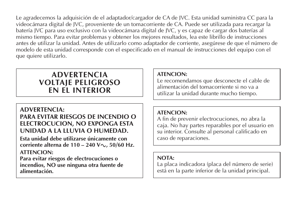 Advertencia voltaje peligroso en el interior | JVC AA-V50 User Manual | Page 26 / 86