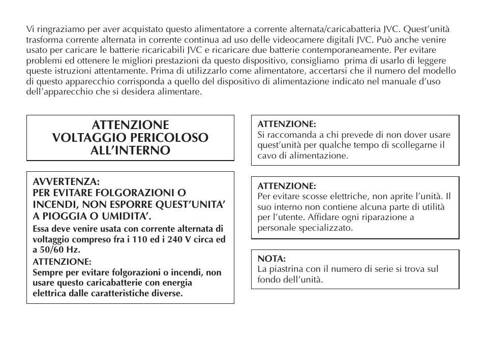 Attenzione voltaggio pericoloso all’interno | JVC AA-V50 User Manual | Page 32 / 86