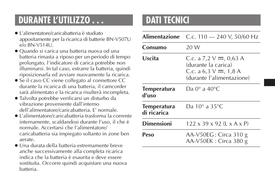 Durante l’utilizzo . . . dati tecnici | JVC AA-V50 User Manual | Page 37 / 86