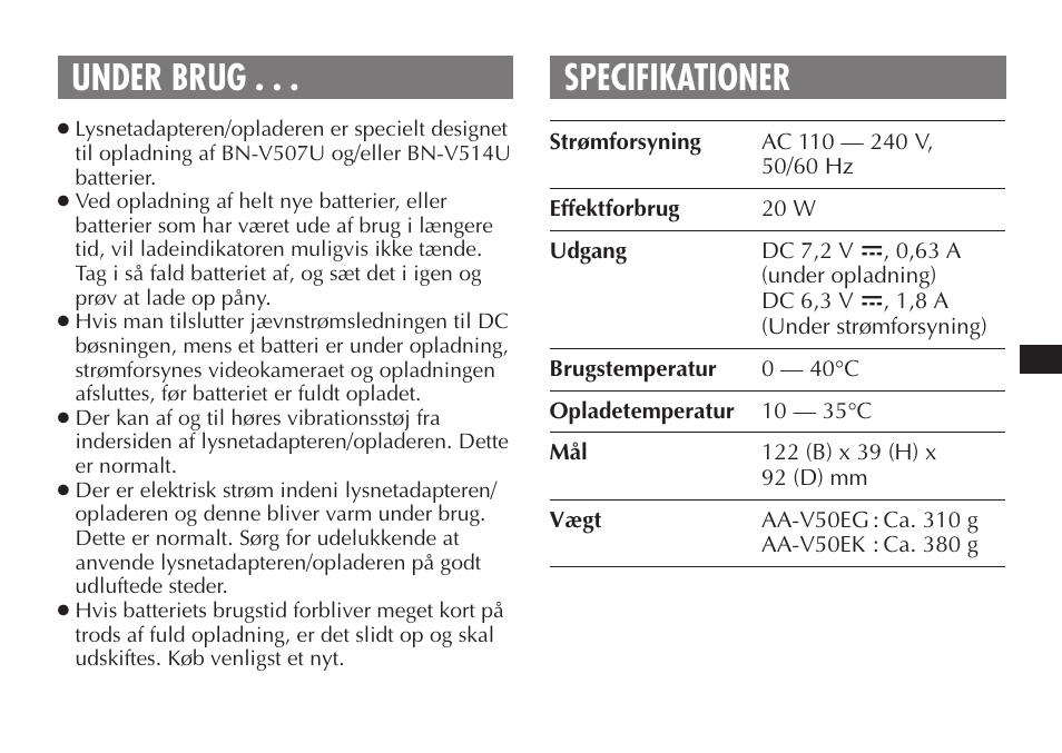Under brug . . . specifikationer | JVC AA-V50 User Manual | Page 43 / 86
