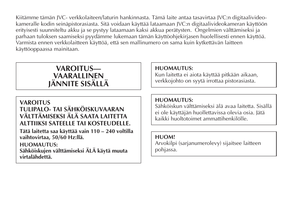 Varoitus— vaarallinen jännite sisällä | JVC AA-V50 User Manual | Page 44 / 86