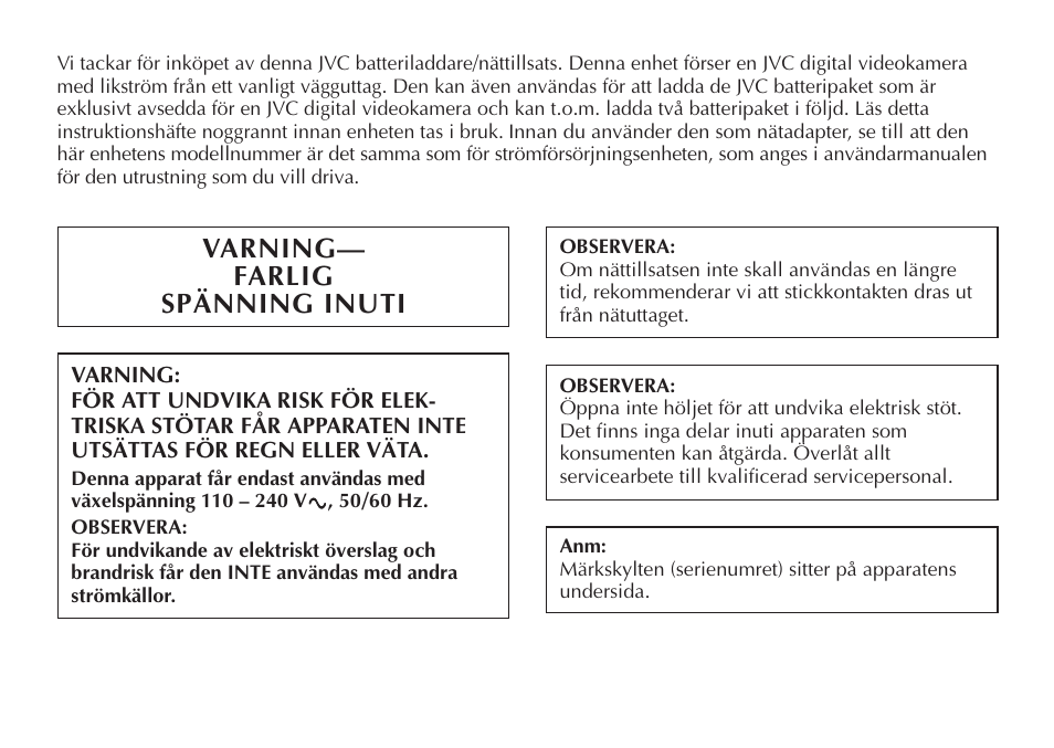 Varning— farlig spänning inuti | JVC AA-V50 User Manual | Page 50 / 86